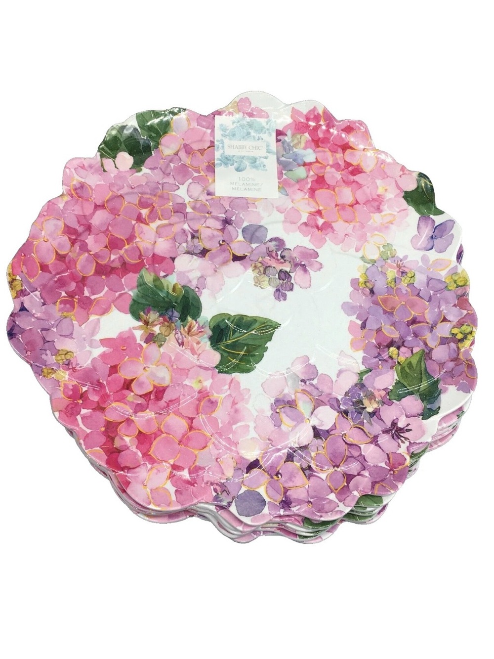 NEW x4 Shabby Chic MELAMINE Dinner Plate Set Hydrangea Pink Purple Easter Floral